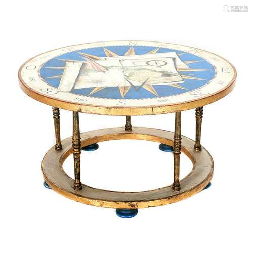 Round Painted Wood Compass-Themed Occasional Table.