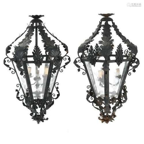 Pair of Spanish Style Wrought Iron and Etched Glass