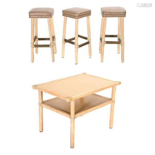 Three McGuire Bamboo Barstools and an End Table.