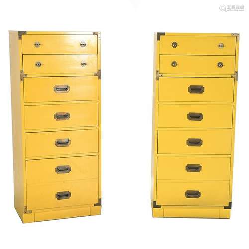 Pair of Six Drawer Yellow Painted Campaign Chests.