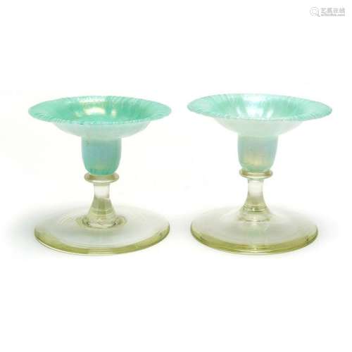 American Pair Favrile Green Iridescent Glass