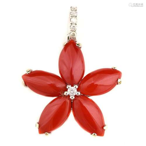 *Coral, Diamond, 14k White Gold Flower Pendant.