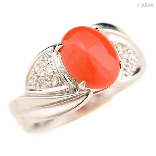 *Coral, Diamond, 14k White Gold Ring.