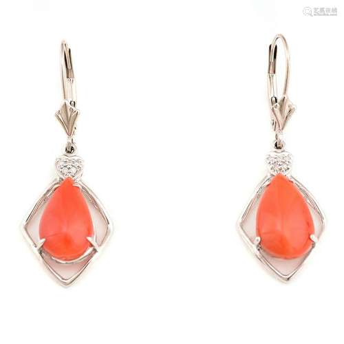 *Pair of Coral, Diamond, 14k White Gold Drop Earrings.