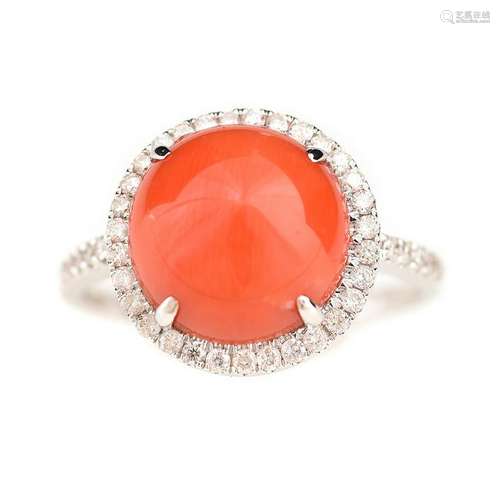 *Coral, Diamond, 14k White Gold Ring.