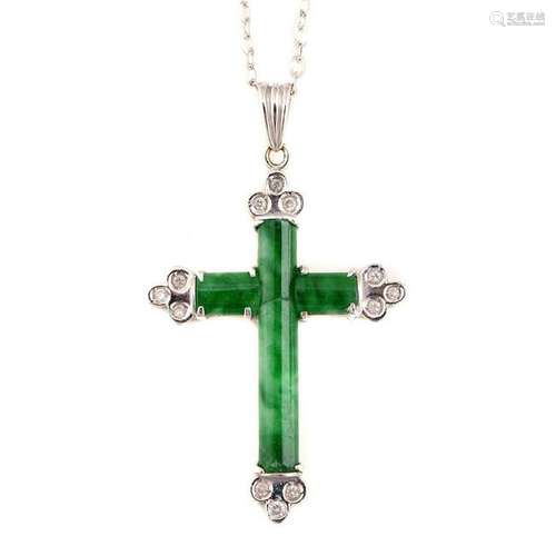 Jadeite Jade, Diamond, 14k White Gold Cross Pendant