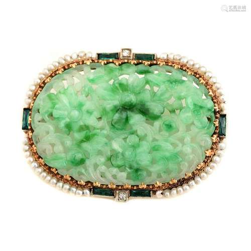 Jade, Seed Pearl, Diamond, Green Glass, 14k Gold