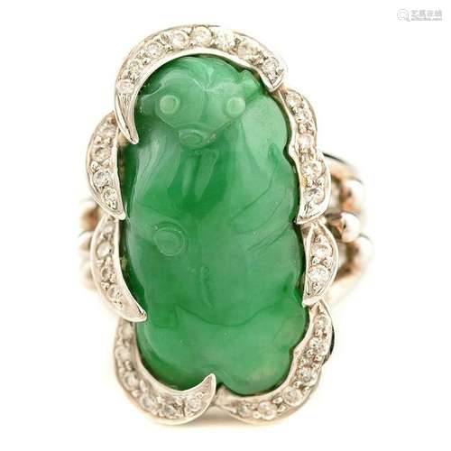 Jade, Diamond, 18k White Gold Ring.