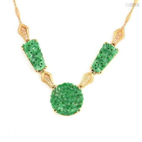 Jadeite Jade, 14k Yellow Gold Necklace.