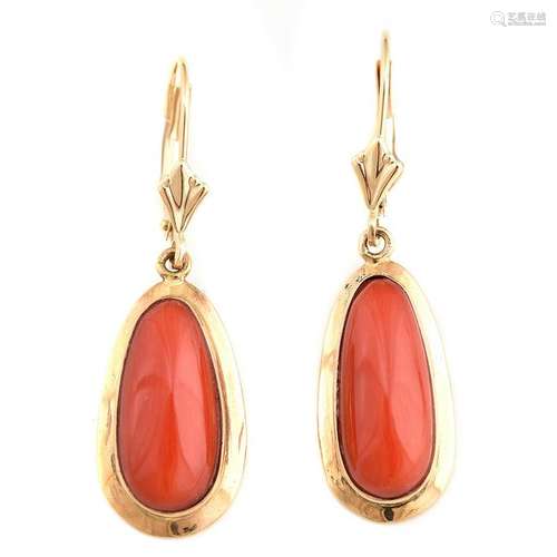 *Pair of Coral, 14k Yellow Gold Drop Earrings.