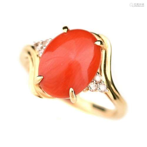 *Coral, Diamond, 14k Yellow Gold Ring.