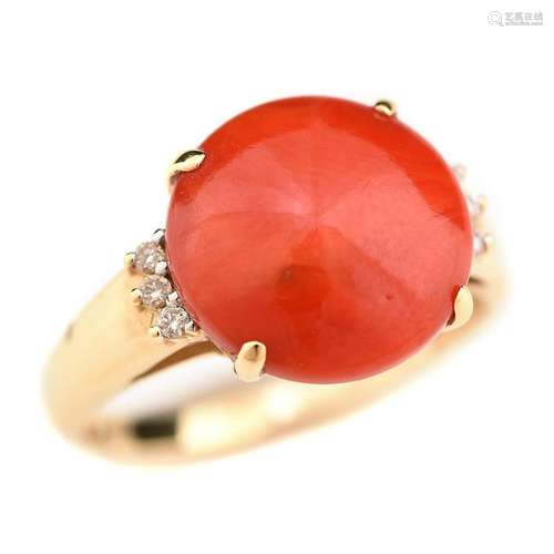 *Coral, Diamond, 14k Yellow Gold Ring.