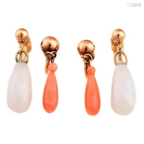 *Collection of Two Pairs of Jade, Coral, 14k Yellow