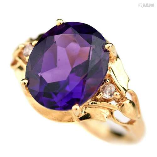 Amethyst, Diamond, 14k Yellow Gold Ring.