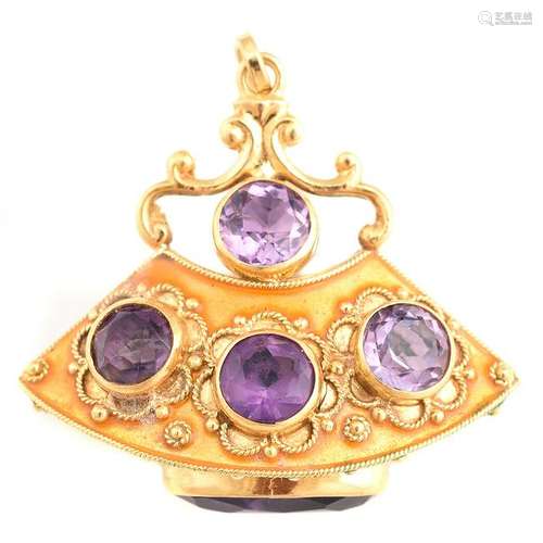 Amethyst, Enamel, 18k Yellow Gold Charm.