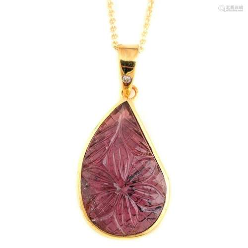 Pink Tourmaline, Diamond, 18k Yellow Gold Pendant