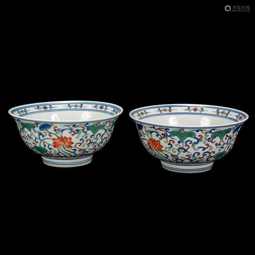 Pair of Chinese Doucai Lotus Scroll Bowls