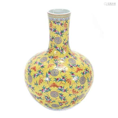 Large Chinese Yellow Ground Enameled Bottle Vase