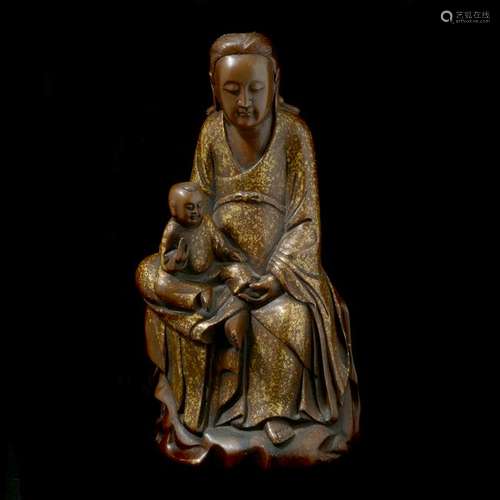 Chinese Gold-Flecked Patinated Bronze Guanyin