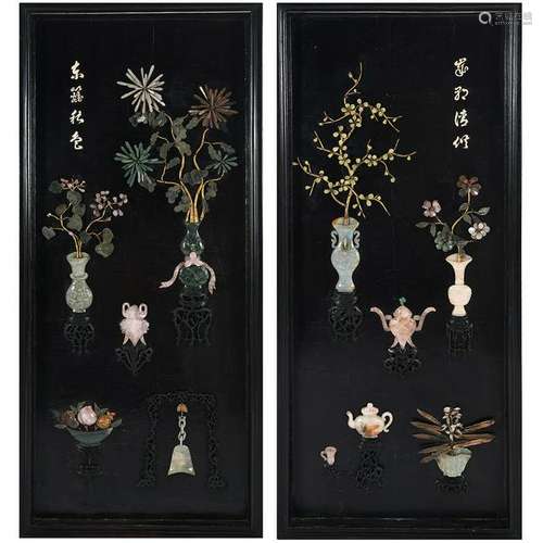 Pair of Chinese Brown Lacquered Hardstone Inlaid Wall