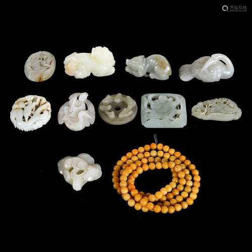 Group of Eleven Chinese Jade Carvings and Necklace