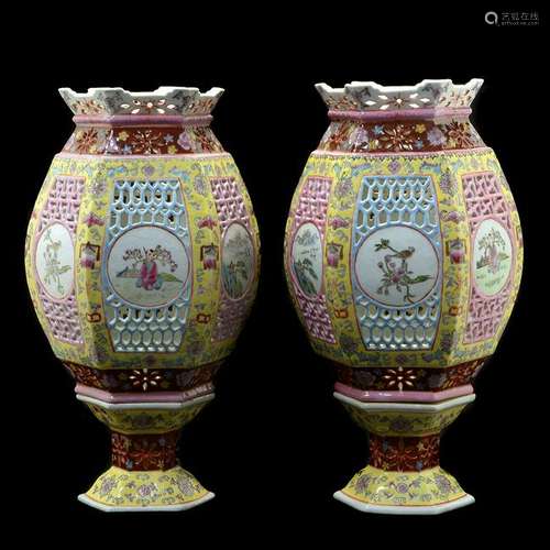 Pair of Chinese Famille Rose Porcelain Wedding Lamps