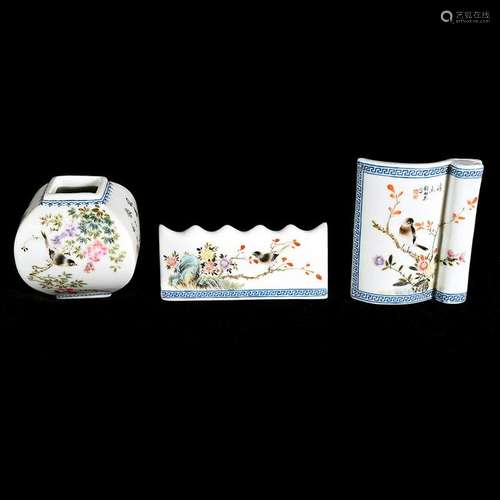 Three Chinese Famille Rose Porcelain Scholar's Objects