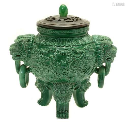 Chinese Molded Green Glazed Tripod Censer