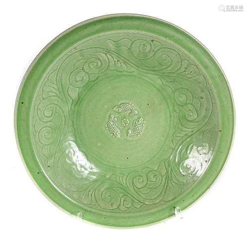 Large Chinese Longquan Celadon Glazed Fish Charger