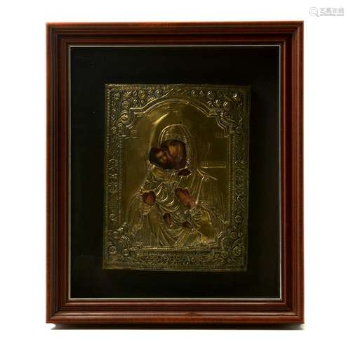 Framed Icon, Madonna and Child with a Brass Plate