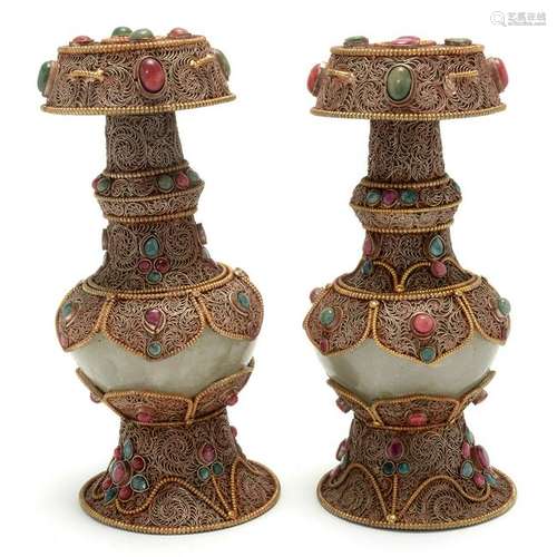 Pair of Tibetan Filigree Silver Wired Candle Holders