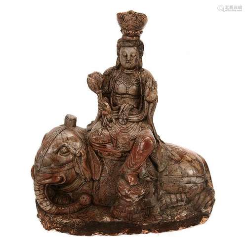 Chinese Marble Carving of Guanyin on Elephant