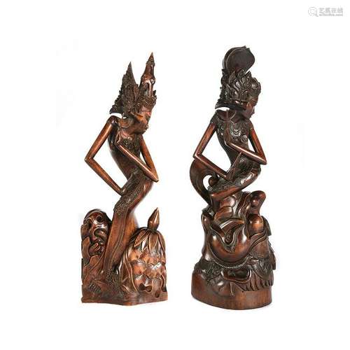 Two Indonesian Carved Wood Statues of Dancers