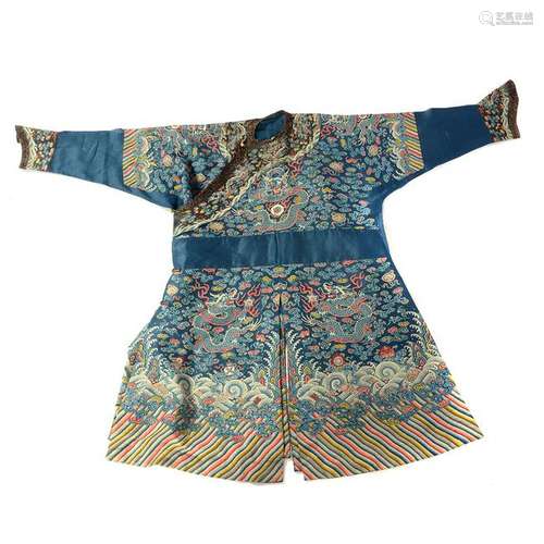 Chinese Silk Embroidered Blue Ground Dragon Robe