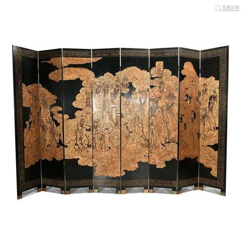 Chinese Gilt Black Ground Coromandel Eight Panel Screen