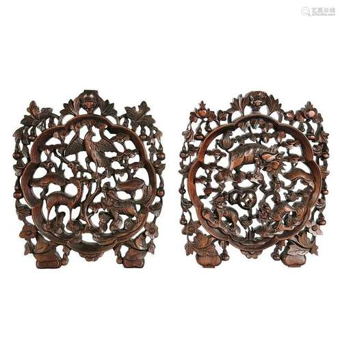 Pair of Carved Rosewood Panels of Pine and Deer Motif*