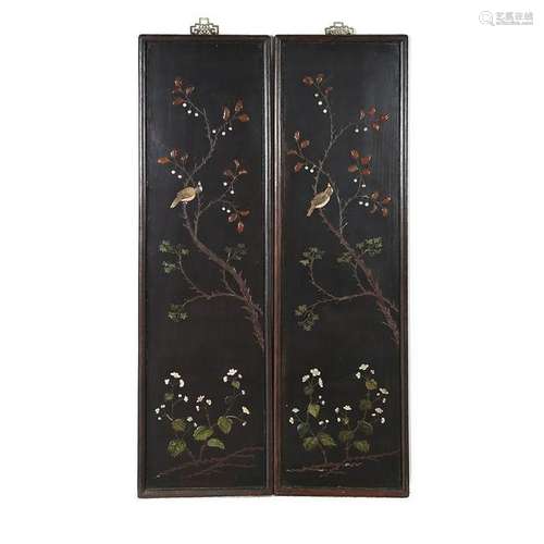 Pair of Hanging Lacquer Wood Panels with Hardstone