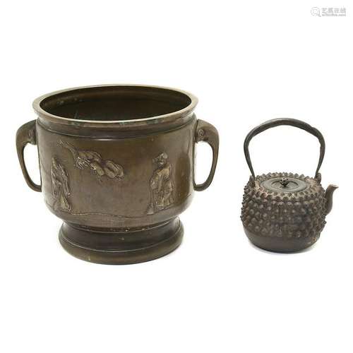 Japanese Bronze Planter and Iron Teapot