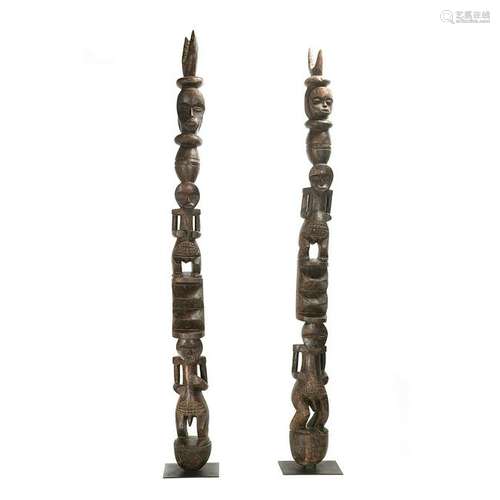 Pair of West African Carved Wood Totem Sculptures.