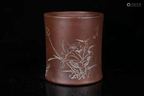 A Chinese Carved Yixing Clay Brush Pot