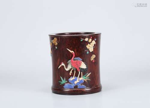 A Chinese Carved Huanghuali Brush Pot