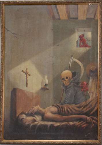 Signed, Early 20th C. Painting of Grim Reaper