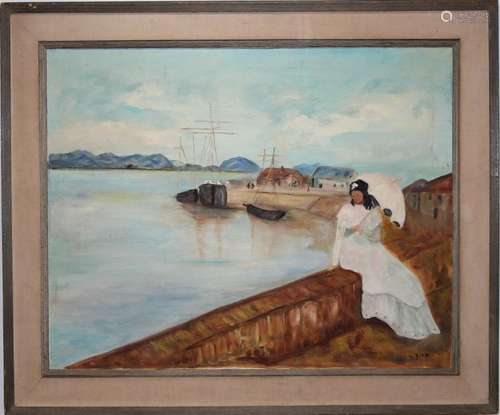 Large 20th C. Painting of Woman Sitting at Harbor