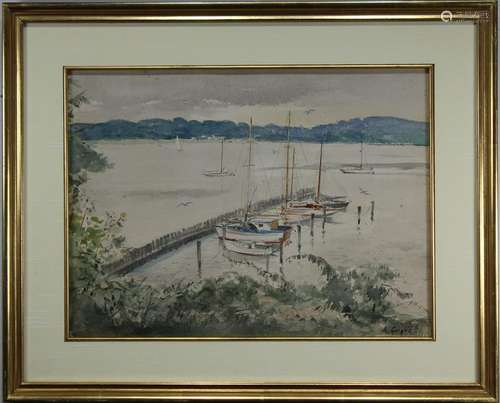 American School, Signed 20th C. Harbor Scene