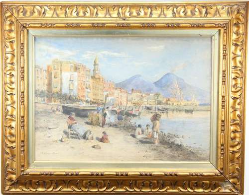 P Muller, Signed Watercolor of Naples Italy