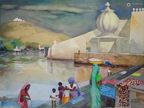 20th C. Udaipur India Coastal Watercolor, Signed