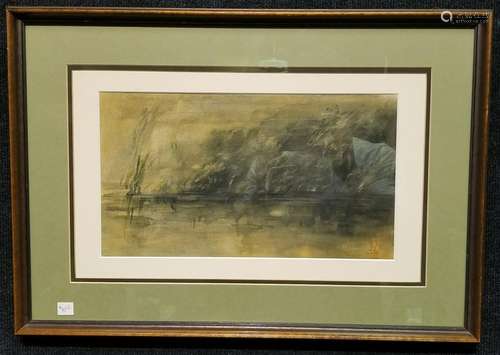 Initialed, Coastal Tonalist Watercolor