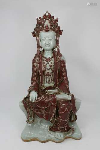 Large Antique Chinese Longquan Glazed Guanyin