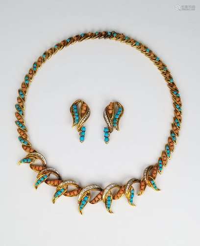 18K Gold Turquoise & Coral Necklace Set