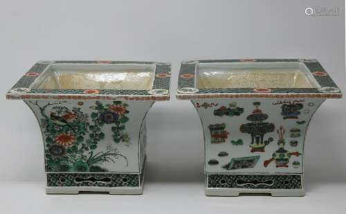 Pair Chinese Famille Verte Porcelain Jardinieres